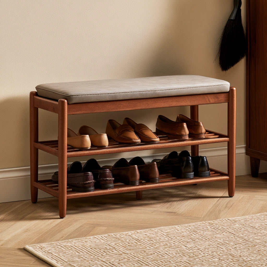 Banc à chaussures avec assise rembourrée en bois, coloris brun naturel