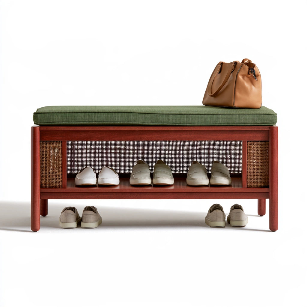 Banc à chaussures avec assise rembourrée en bois, coloris vert