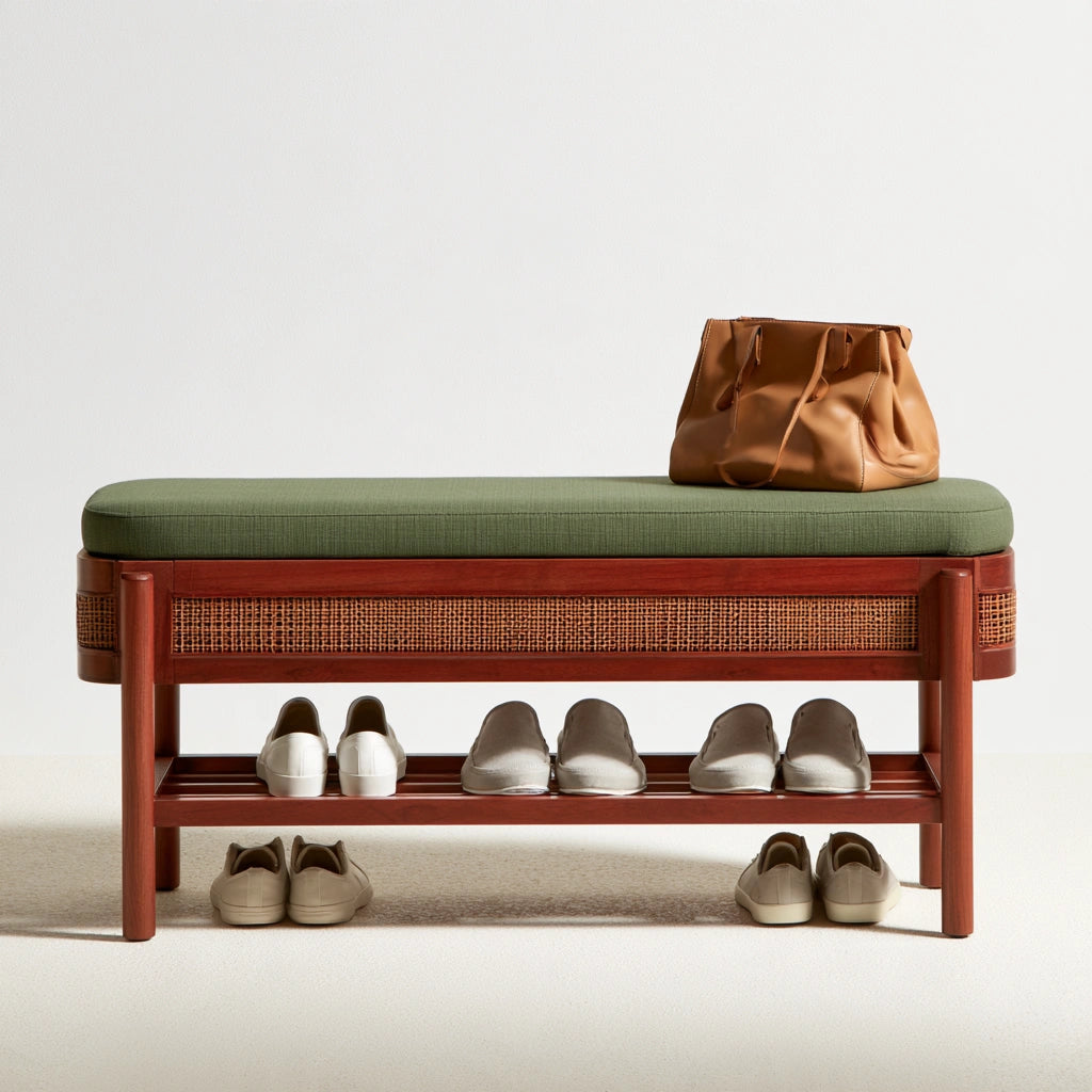 Banc à chaussures avec assise rembourrée en bois, coloris vert